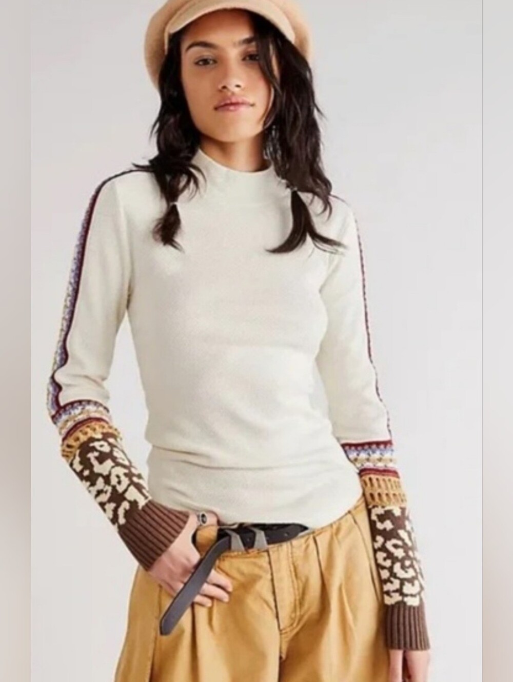 Free People Switch It Up Cream Mock Neck  Top with Patterned Cuffs